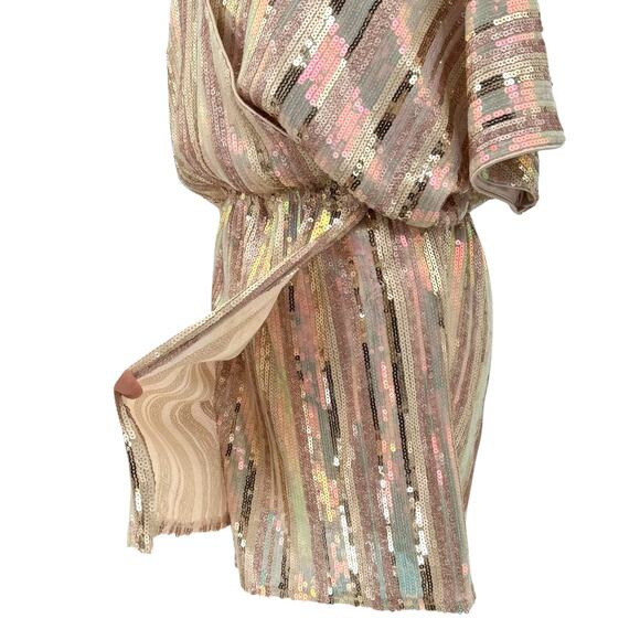 Karlie Sequin Gold Glitter Stripe Faux Wrap V-neck Mini Party Dress - Picture 7 of 16